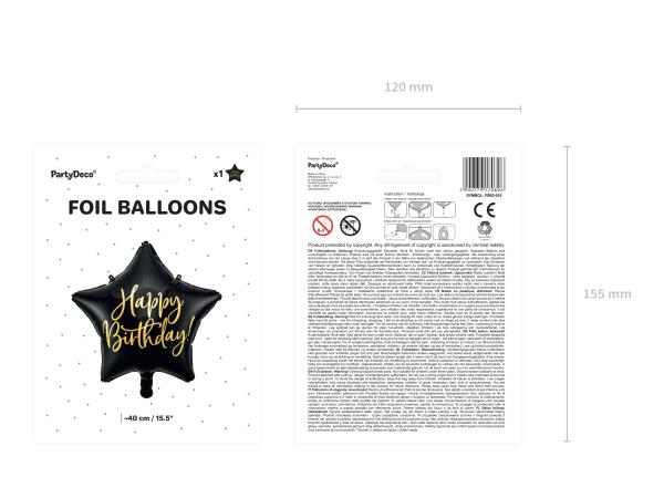 Folienballon Stern - Happy Birthday: schwarz gold - ø 40cm